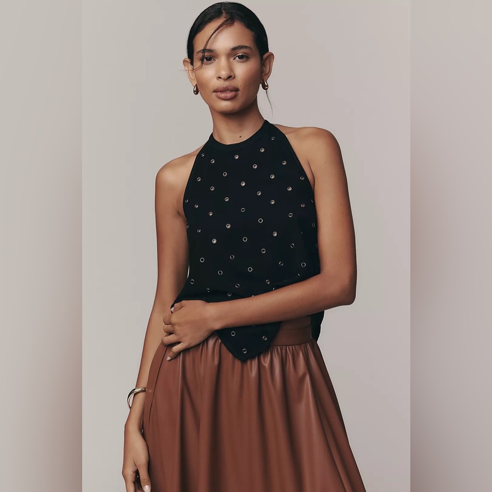 Anthropologie Black Sheer Metal Rivet Backless Halter Tank Top